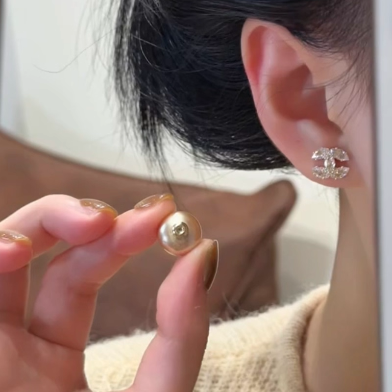 前后带小香风锆石珠珠耳钉小众设计感时尚耳饰名媛风气质百搭耳环