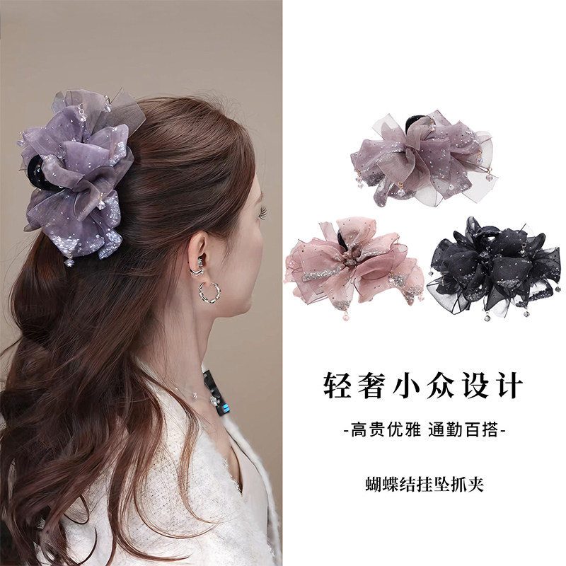 新中式碎钻蝴蝶结挂坠抓夹女高级感2026新款高马尾饱满后脑勺发夹