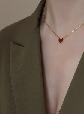 法式爱心红色钛钢显白锁骨链