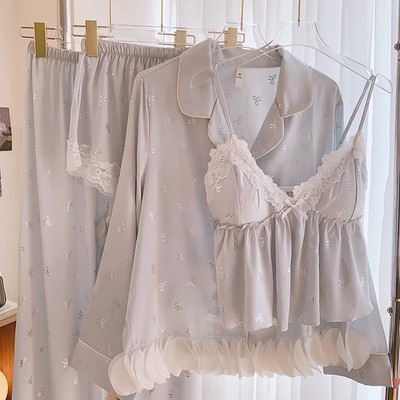 春夏新款纯欲风蝴蝶结冰雪丝睡衣女四件套吊带短裤性感吊带