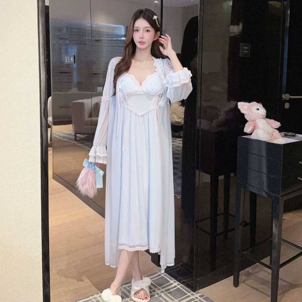 睡衣女碧洛网纱莫代尔长袖外批吊带裙胸垫长裙两件套家居服加胸棉