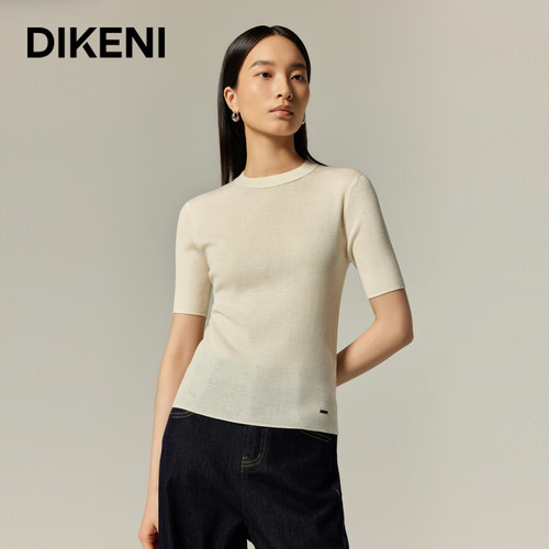迪柯尼100%美丽诺羊毛衫秋季新品通勤女装竖纹圆领短袖针织衫