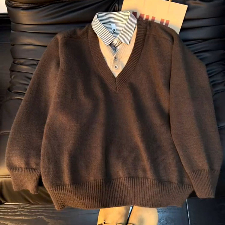 咖色假两件v领毛衣男款秋冬季慵懒松弛感针织衫老钱风内搭打底衫,男装,T恤,淘宝优惠券,粉丝福利购,淘宝优惠卷