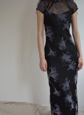 蛮丽楼｜紫色植绒 进口植绒侧拉链新中式复古无省长旗袍