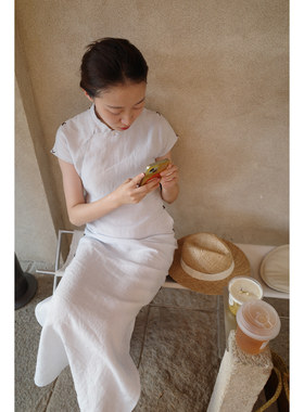 蛮丽楼镂空亚麻长旗袍