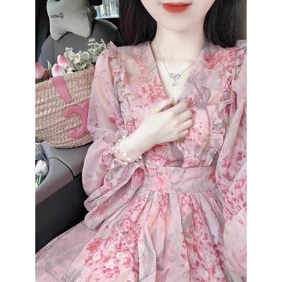 碎花长袖连衣裙女2025春秋夏季新款高级感法式气质V领收腰长裙子
