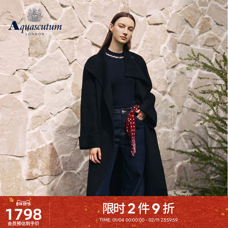 Aquascutum/雅格狮丹冬季新品女黑色长款毛呢大衣Q5050EL4A1,女装/女士精品,毛呢外套,淘宝优惠券,粉丝福利购,淘宝优惠卷