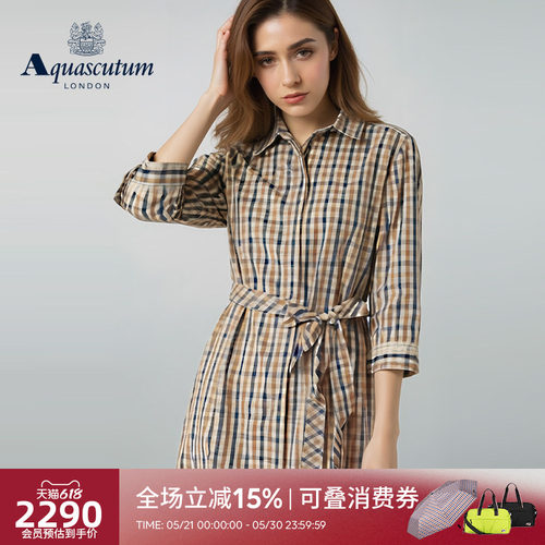 【雅格狮丹】女格纹七分袖连衣裙