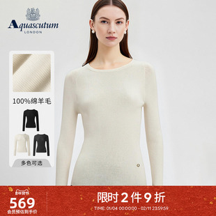 Aquascutum/雅格狮丹秋冬新品女士修身内搭绵羊毛圆领针织衫气质