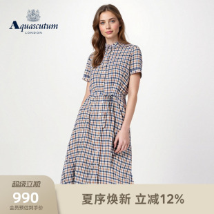Aquascutum/雅格狮丹2026春夏女优雅收腰经典格纹短袖衬衫连衣裙