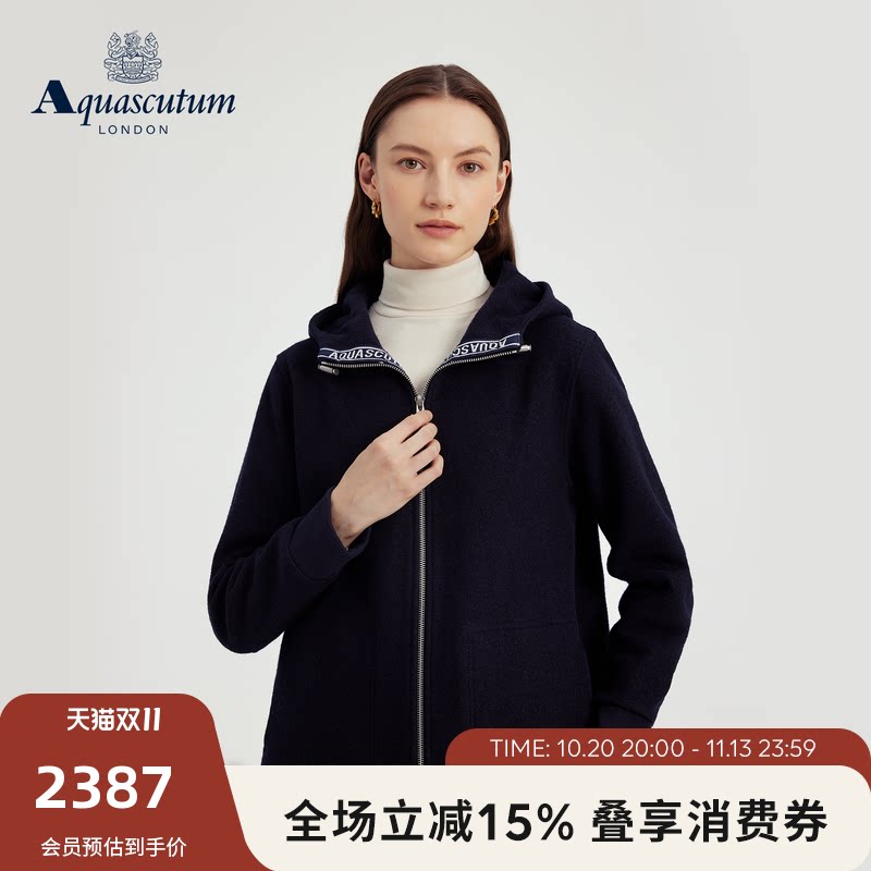 Aquascutum/雅格狮丹秋冬新品女绵羊毛混纺休闲连帽开衫外套气质