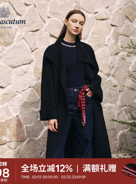 Aquascutum/雅格狮丹冬季新品女黑色长款毛呢大衣Q5050EL4A1