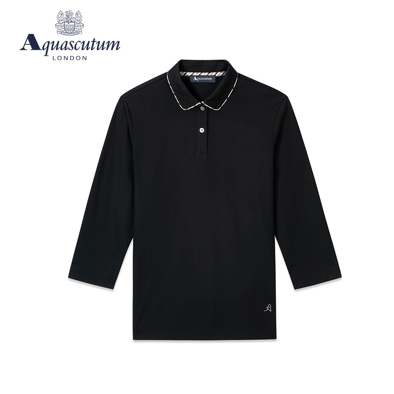 Aquascutum/雅格狮丹春夏新款女士翻领格纹长袖POLO恤Q49H8EL021