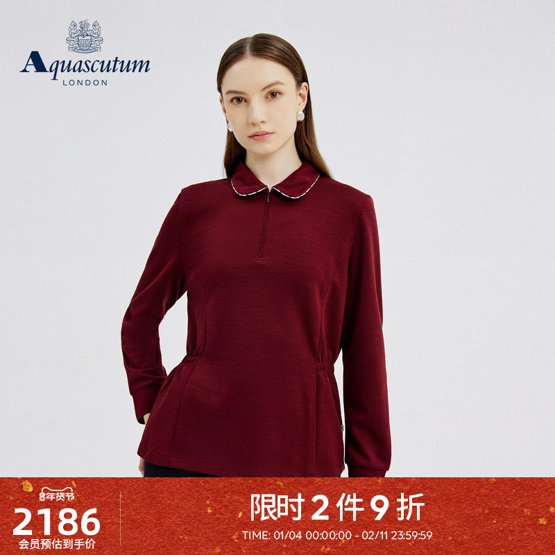 Aquascutum/雅格狮丹秋冬新品女士美丽诺羊毛翻领长袖POLO衫气质,女装/女士精品,POLO衫,淘宝优惠券,粉丝福利购,淘宝优惠卷