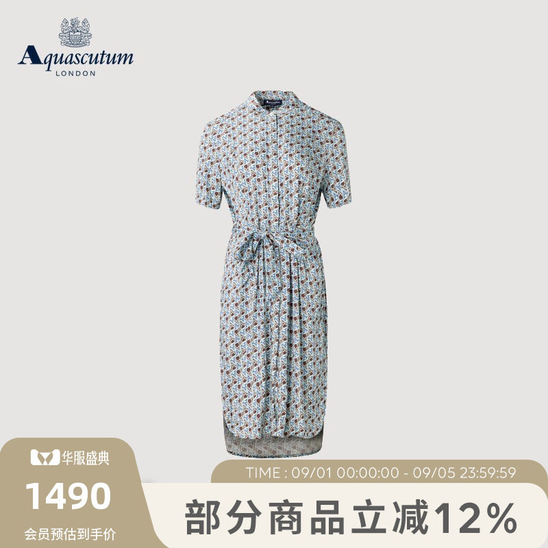 Aquascutum/雅格狮丹2026春夏新品女修身收腰优雅几何印花连衣裙
