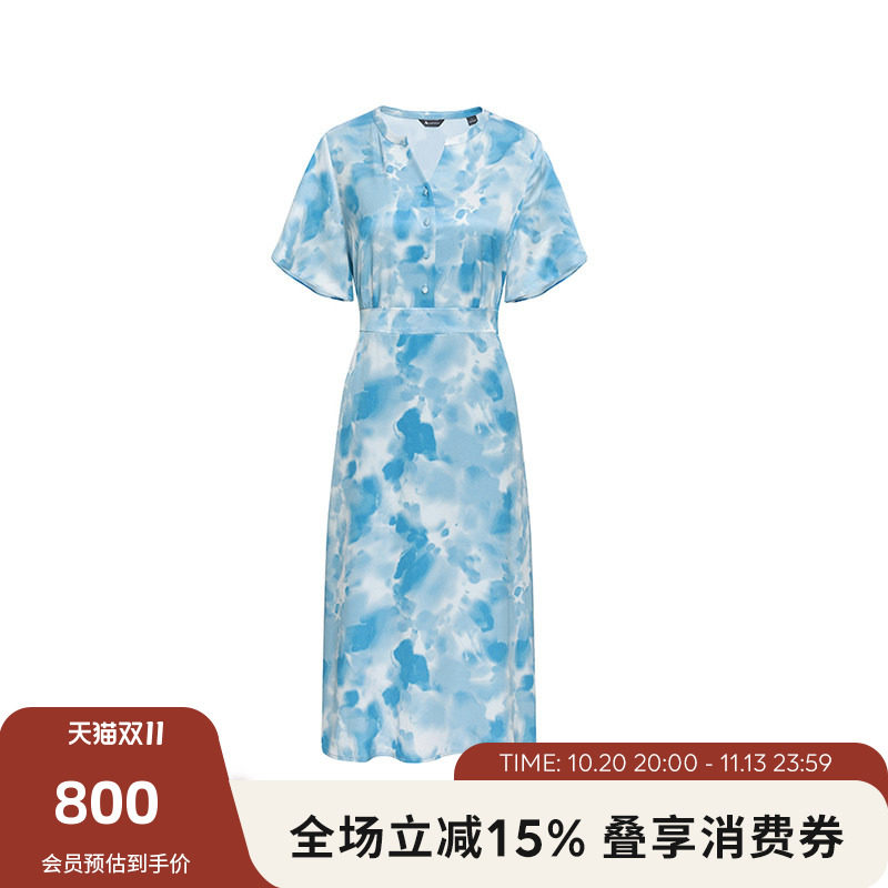 Aquascutum/雅格狮丹夏季女士短袖连衣裙收腰印花裙子Q4773EL011