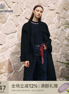 Aquascutum/雅格狮丹冬季新品女黑色长款毛呢大衣Q5050EL4A1