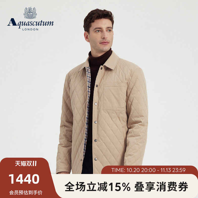 Aquascutum/雅格狮丹秋冬新品男士中长款菱形格绗线棉服外套通勤