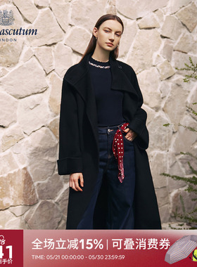 Aquascutum/雅格狮丹冬季新品女黑色长款毛呢大衣Q5050EL4A1