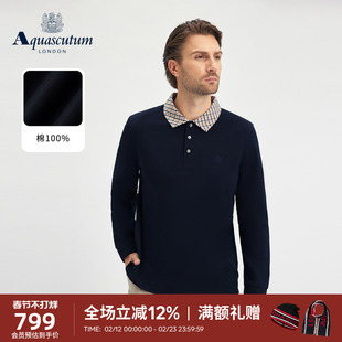 Aquascutum/雅格狮丹秋冬新品男士商务休闲纯棉格纹领POLO衫通勤