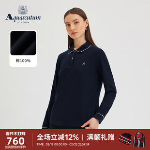 Aquascutum/雅格狮丹秋冬新品女简约纯棉格纹领商务长袖POLO气质