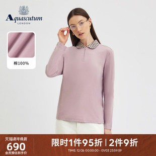 格纹翻领POLO衫 女休闲纯棉长袖 雅格狮丹2025秋冬新品 Aquascutum