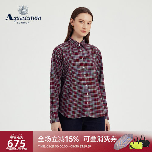【100%棉】女士撞色格纹长袖衬衫