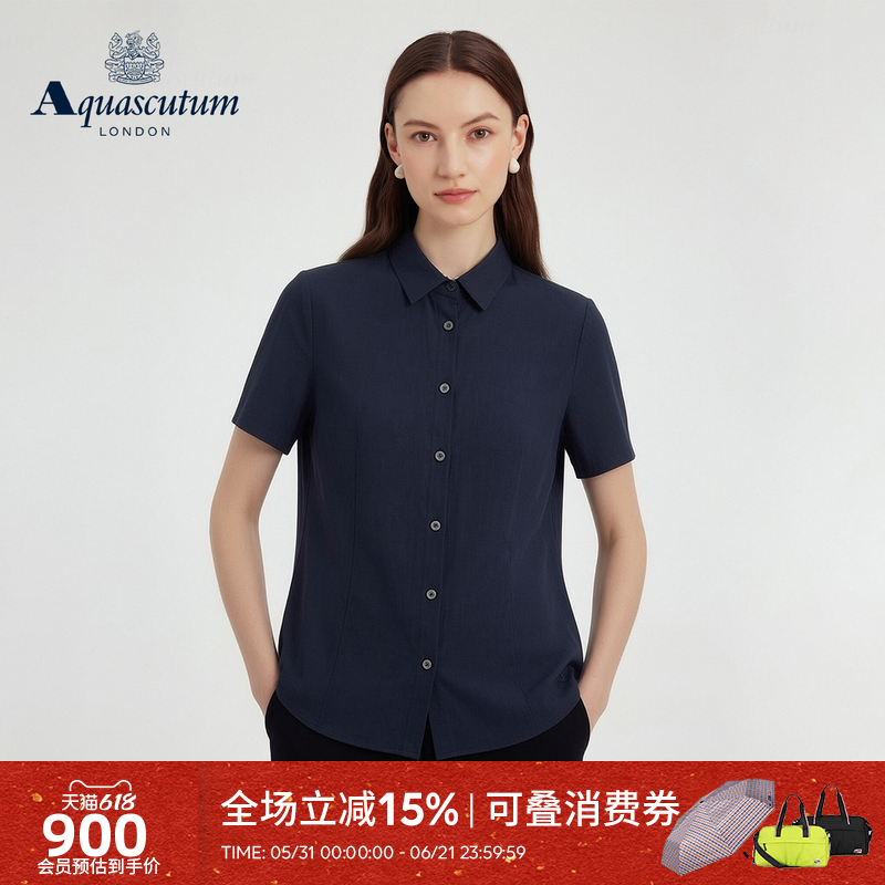 Aquascutum/雅格狮丹2026春夏新款女士格纹翻领商务短袖衬衫上衣
