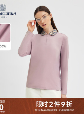 Aquascutum/雅格狮丹2025秋冬新品女休闲纯棉长袖格纹翻领POLO衫