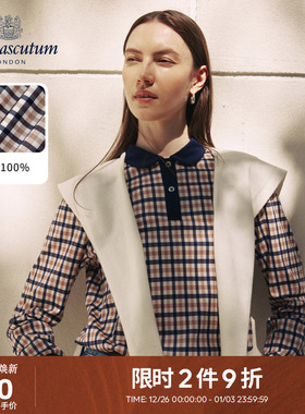 Aquascutum/雅格狮丹2025秋冬新品女英伦风纯棉长袖格纹翻领POLO