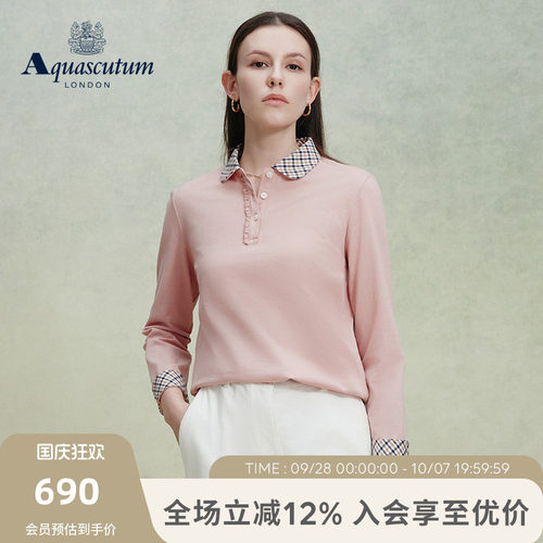 【100%棉】女格纹翻领长袖POLO