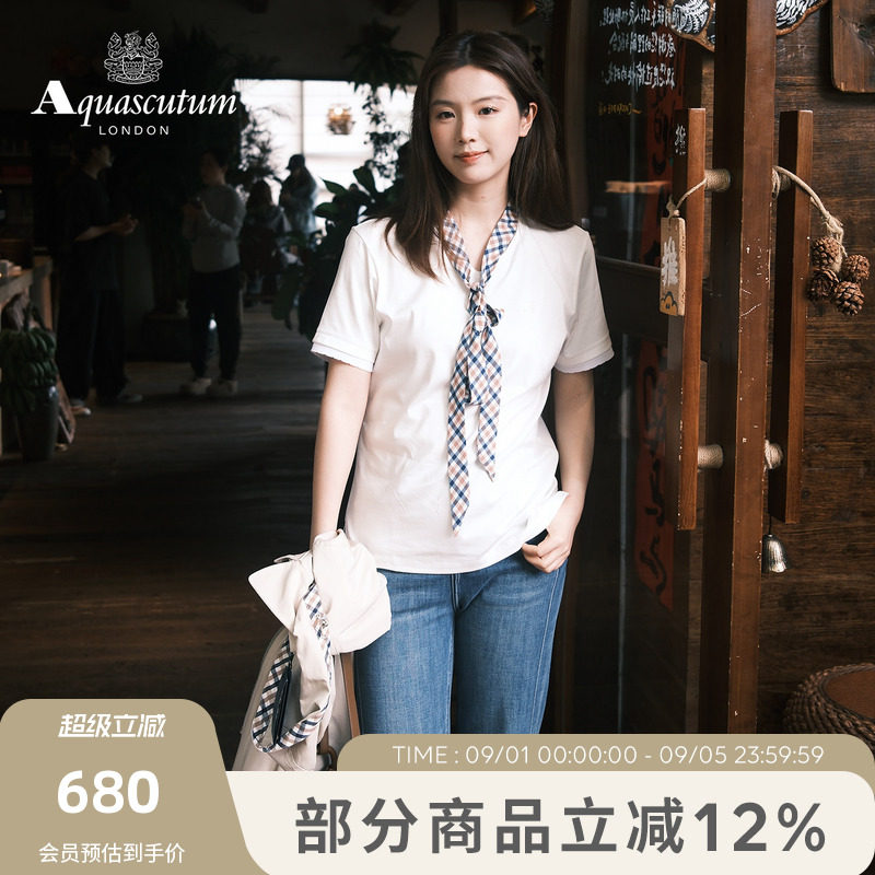 【100%棉】女优雅格纹丝带T恤图片