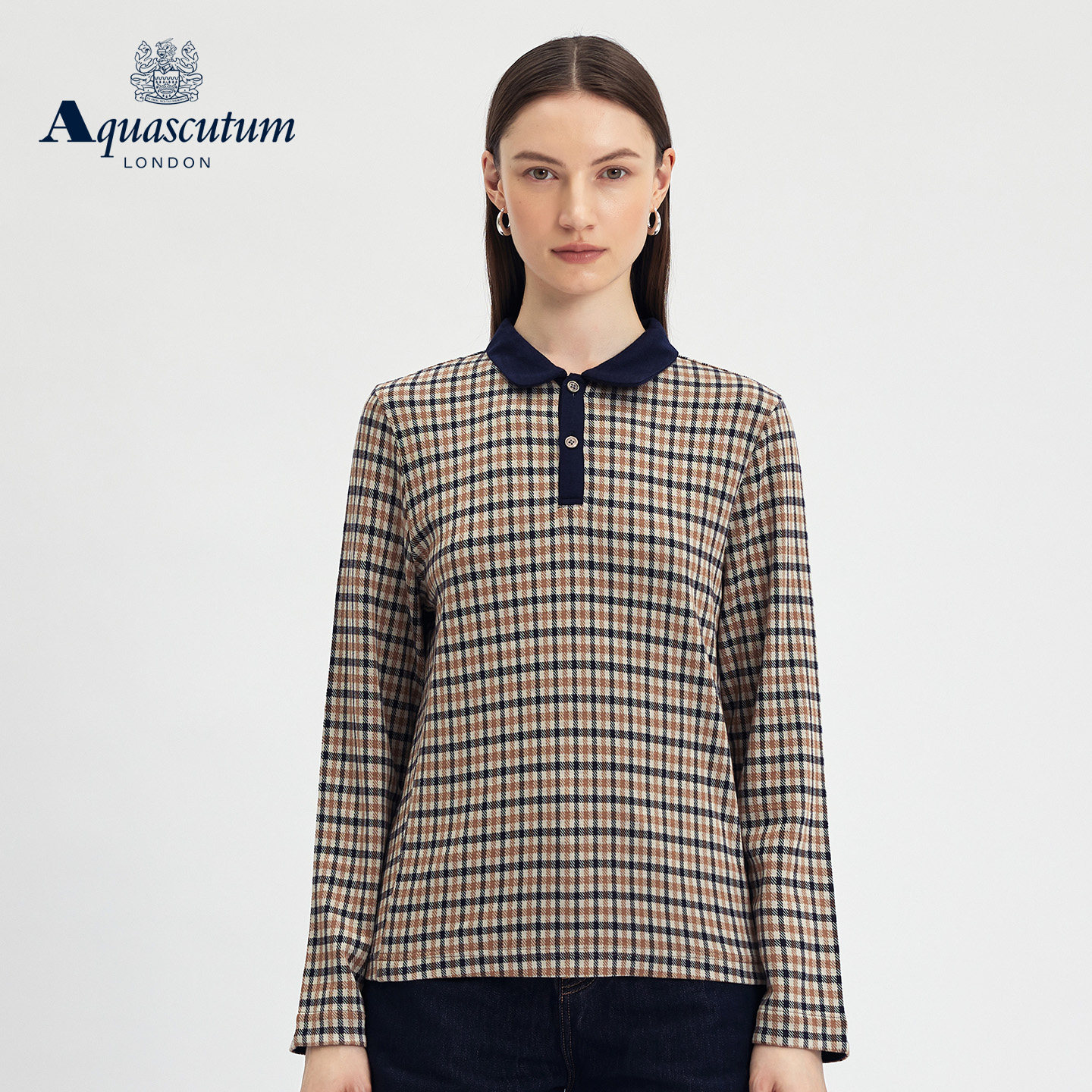 Aquascutum/雅格狮丹秋冬新品女士英伦风商务格纹长袖POLO衫气质