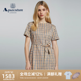 Aquascutum/雅格狮丹春夏新品女士英伦风格纹系带收腰连衣裙气质