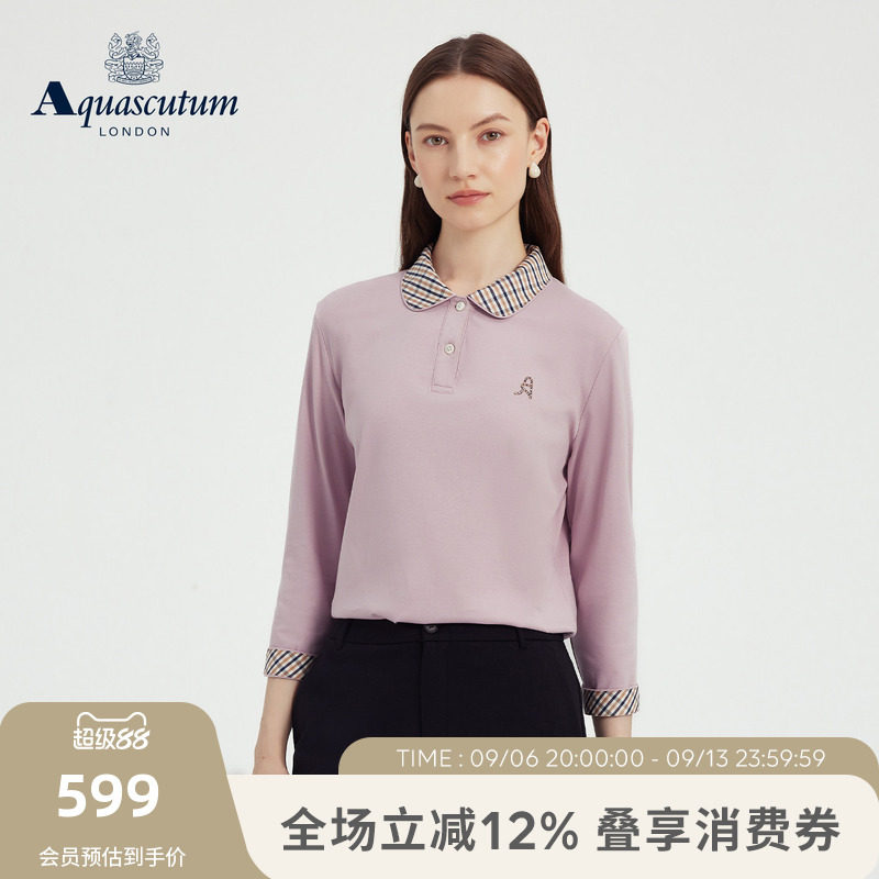 Aquascutum/雅格狮丹秋冬新品女纯棉格纹圆领长袖商务POLO衫气质