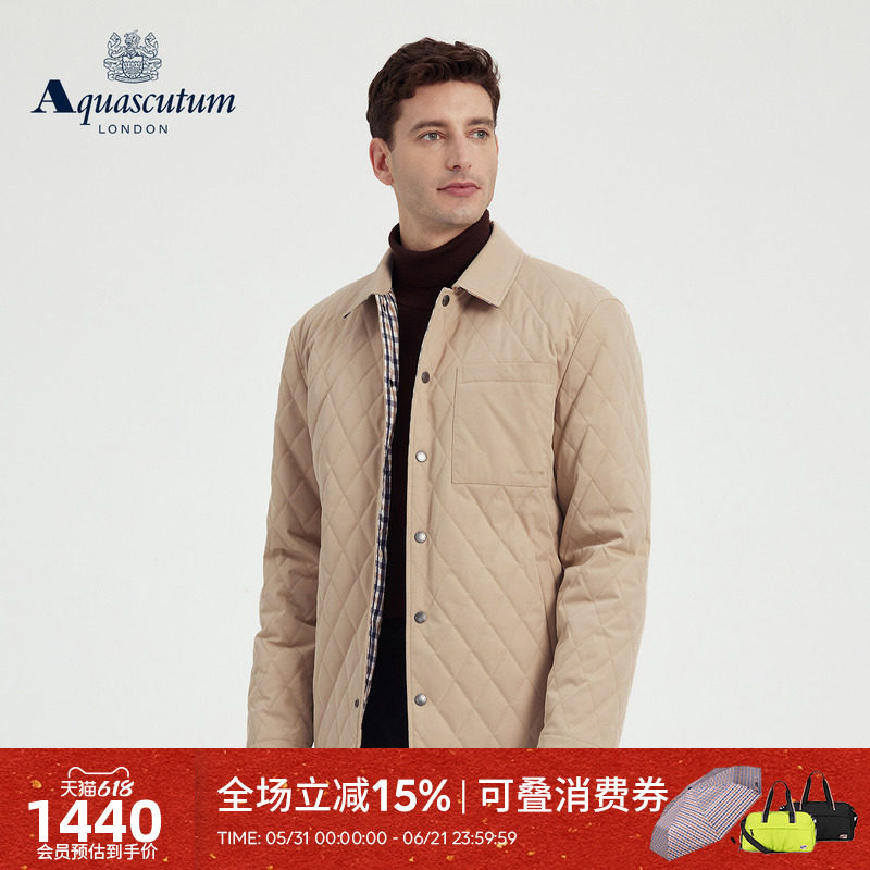 Aquascutum/雅格狮丹秋冬新品男士中长款菱形格绗线棉服外套通勤