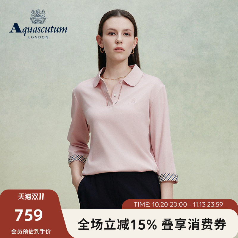 Aquascutum/雅格狮丹2026秋冬新品女款七分袖商务休闲纯棉polo衫