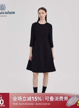 Aquascutum/雅格狮丹秋冬新品女士时尚圆领七分袖黑色连衣裙气质