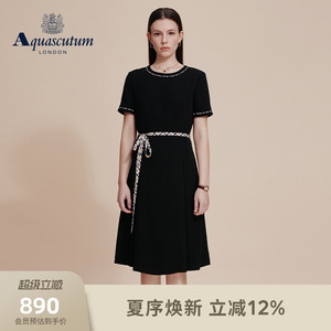 Aquascutum/雅格狮丹春夏新品女士休闲收腰系带中长款连衣裙气质