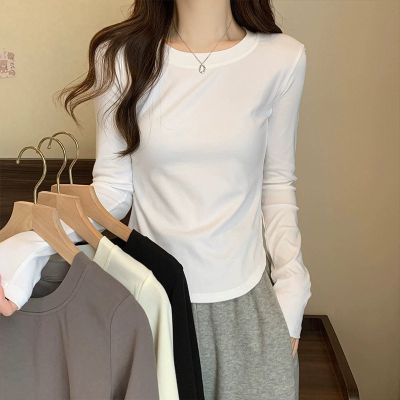 春夏纯棉正肩长袖加绒打底衫内搭打底t恤女修身显瘦纯色百搭上衣