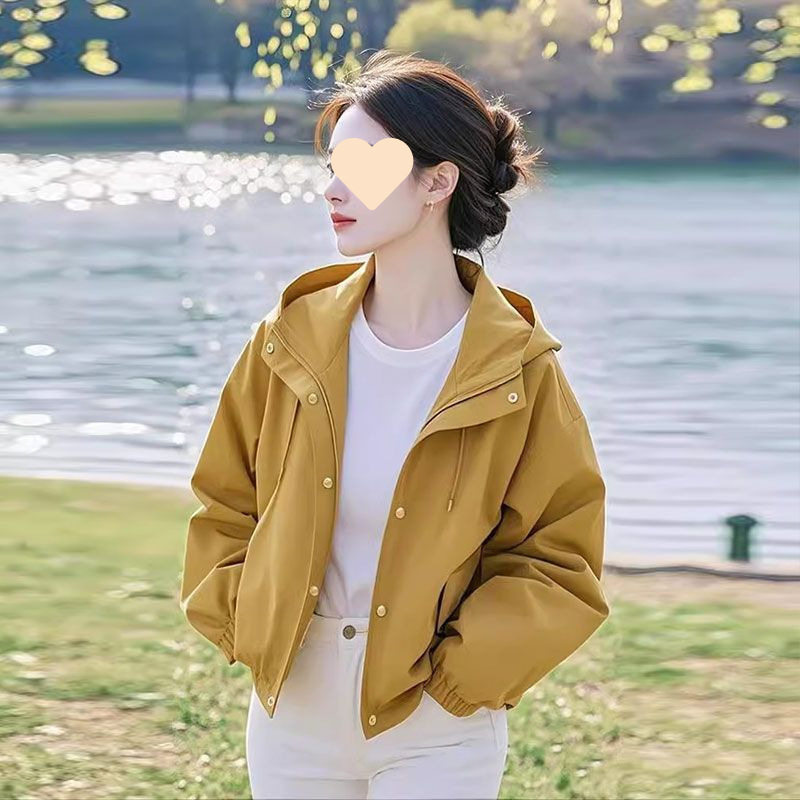 春夏黄色连帽宽松短款外套女
