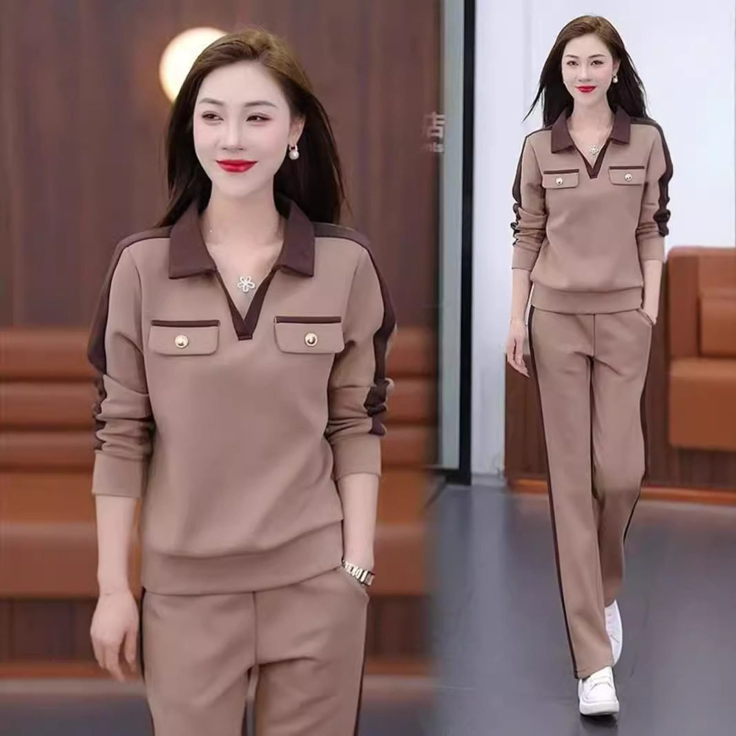 休闲套装女2026春季新款时髦洋气V领显瘦长袖阔腿裤运动两件套潮