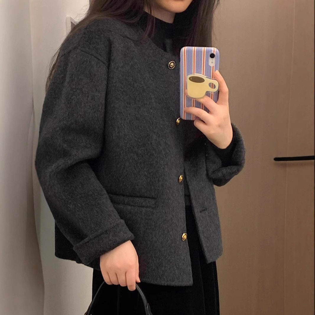 灰黑色小香风毛呢外套女2024年秋冬呢子宽松圆领短款大衣,女装/女士精品,毛呢外套,淘宝优惠券,粉丝福利购,淘宝优惠卷