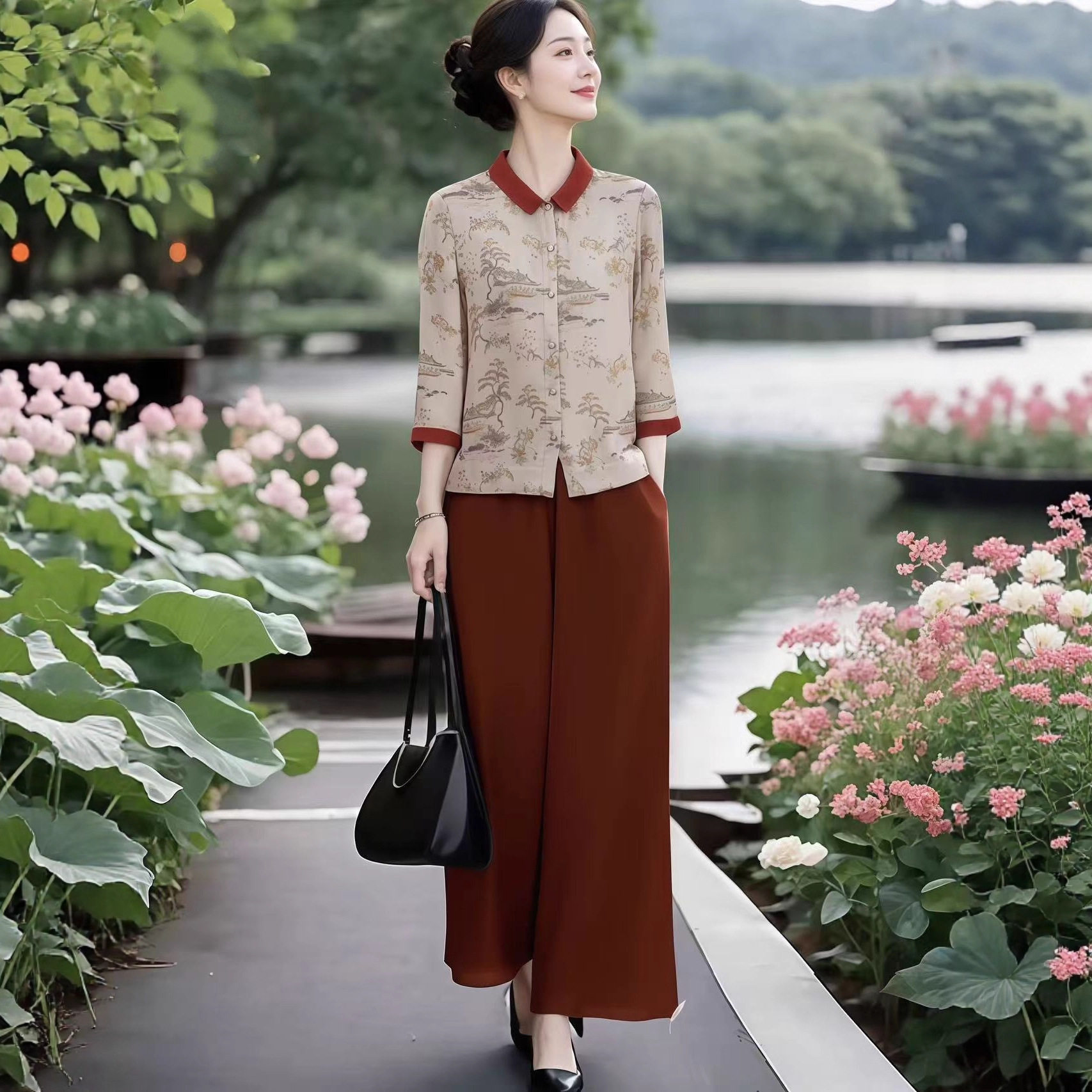 妈妈装新中式衬衫九分裤套装春夏