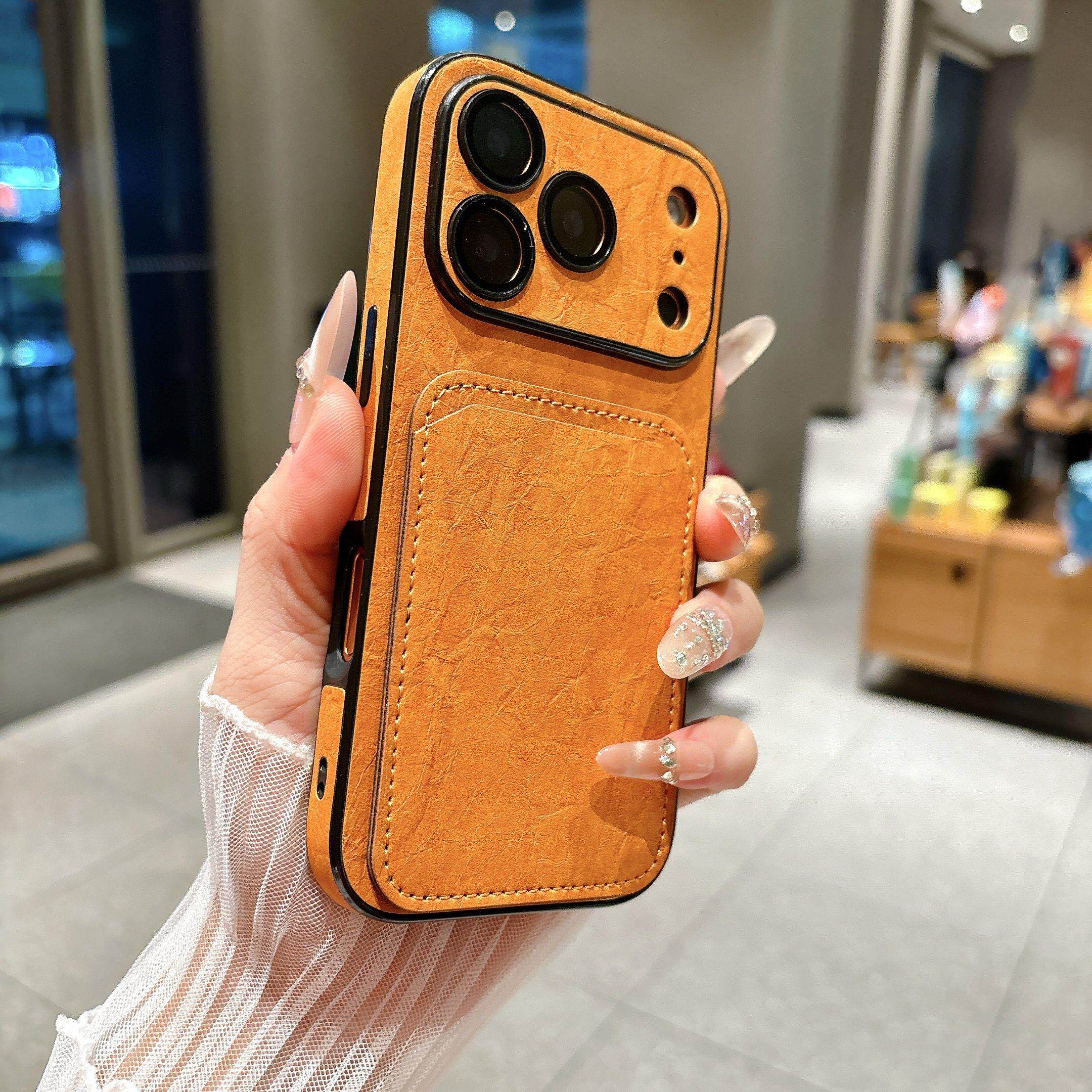 大视窗褶皱皮纹卡包适用苹果17pro手机壳新款iphone16plus自带镜头膜15promax高级感14全包防摔13保护套情侣