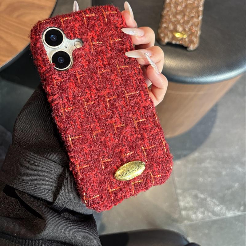 ins小众小香风毛呢编织纹适用iPhone16pro手机壳苹果15promax新款14女款13秋冬高级感14pro红棕纯色半包硬壳