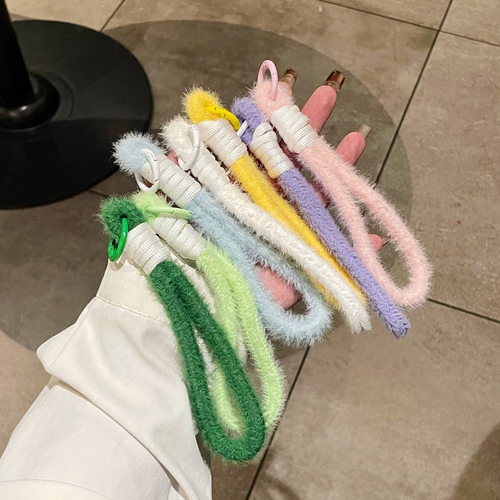 韩系简约纯色毛绒短款手机挂绳
