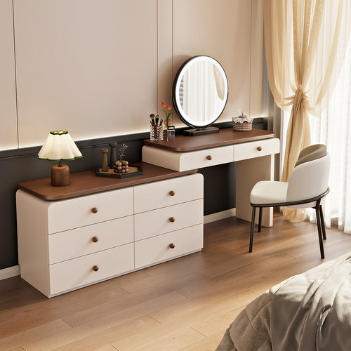 新款加厚中古奶油风梳妆台卧室现代简约实木斗柜收纳柜一体化妆桌