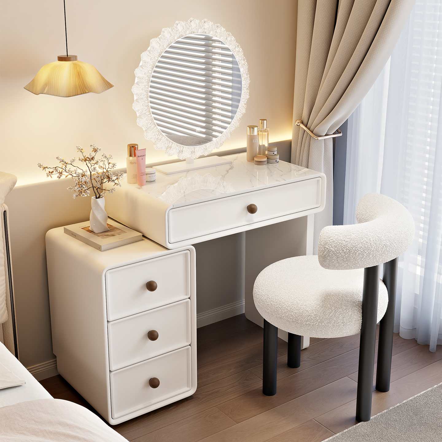 2025新款小户型梳妆台中古奶油风卧室现代简约化妆桌斗柜一体小型