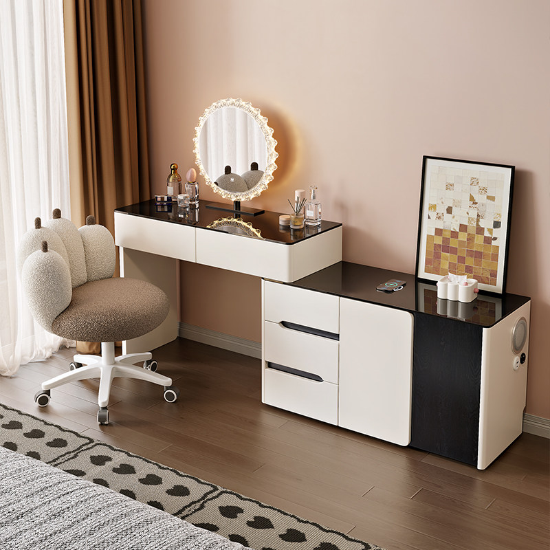 2026新款实木智能梳妆台卧室现代简约奶油风斗柜收纳柜一体化妆桌